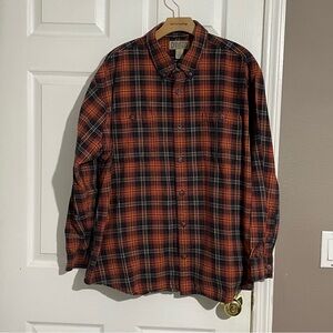 Duluth Trading Co Mens XL Flannel Red Orange Black Plaid Button Down Long Sleeve